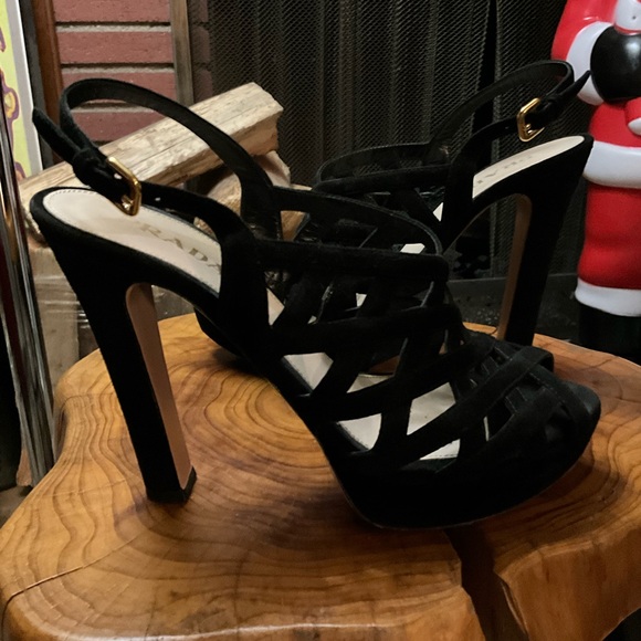 PRADA black suede platform sandals with 5” covered heel and woven vamp 8.5 - Picture 6 of 11